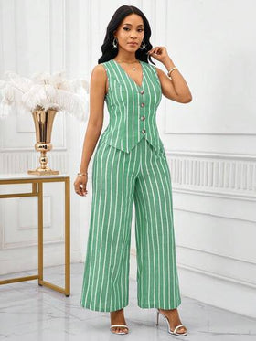 SHEIN Lady بدلة نسائية أنيقة من قطعتين، سترة بدون أكمام وبنطلون مخطط باللون الأزرق والأبيض، طراز عمل وتنقل، ملابس صيفية للنساء