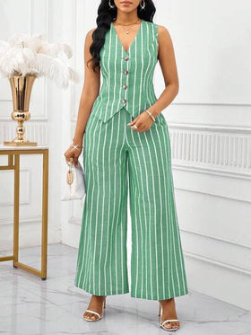 SHEIN Lady بدلة نسائية أنيقة من قطعتين، سترة بدون أكمام وبنطلون مخطط باللون الأزرق والأبيض، طراز عمل وتنقل، ملابس صيفية للنساء