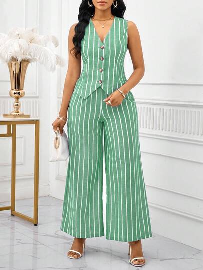 SHEIN Lady بدلة نسائية أنيقة من قطعتين، سترة بدون أكمام وبنطلون مخطط باللون الأزرق والأبيض، طراز عمل وتنقل، ملابس صيفية للنساء