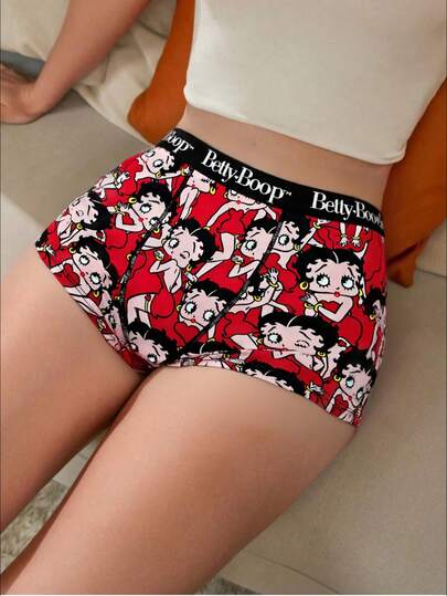 Betty Boop x SHEIN سروال قصير نسائي مطبوع بالكامل بشريط حرفي، بخياطة تباين الخصر
