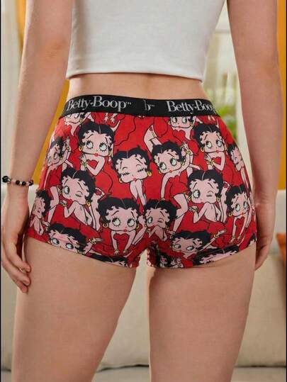 Betty Boop x SHEIN سروال قصير نسائي مطبوع بالكامل بشريط حرفي، بخياطة تباين الخصر