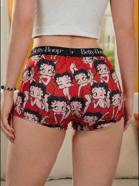 Betty Boop x SHEIN سروال قصير نسائي مطبوع بالكامل بشريط حرفي، بخياطة تباين الخصر