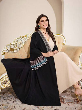 Al Najma رمضان عباية نسائية كبيرة الحجم بأكمام واسعة وطباعة هندسية