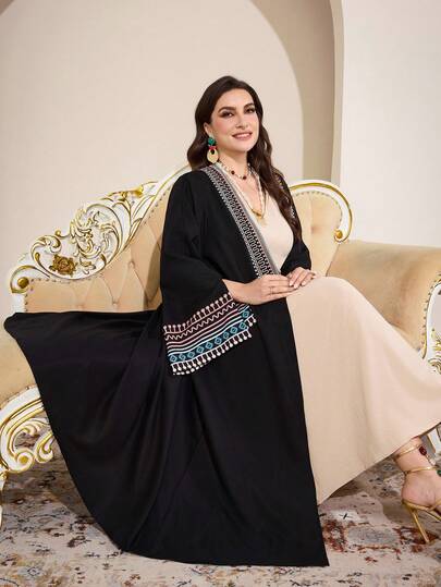 Al Najma رمضان عباية نسائية كبيرة الحجم بأكمام واسعة وطباعة هندسية