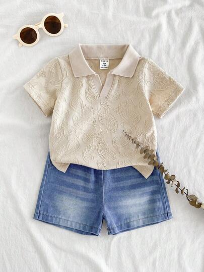SHEIN Vintaside Kids طقم ملابس علوية كم قصير مطبوع بطبعة البيزلي مع شورت جينز مغسول أنيق، مجموعة ملابس صيفية كاجوال متعددة الاستخدامات مناسبة للارتداء اليومي، التخييم العائلي، الطعام أو التسوق