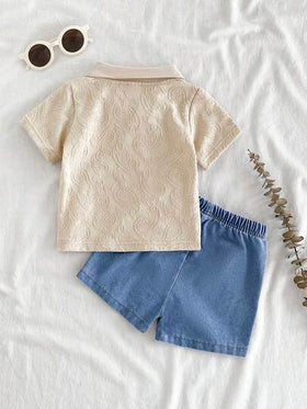SHEIN Vintaside Kids طقم ملابس علوية كم قصير مطبوع بطبعة البيزلي مع شورت جينز مغسول أنيق، مجموعة ملابس صيفية كاجوال متعددة الاستخدامات مناسبة للارتداء اليومي، التخييم العائلي، الطعام أو التسوق