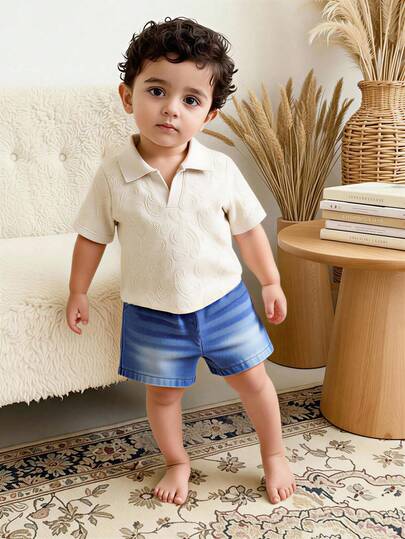 SHEIN Vintaside Kids طقم ملابس علوية كم قصير مطبوع بطبعة البيزلي مع شورت جينز مغسول أنيق، مجموعة ملابس صيفية كاجوال متعددة الاستخدامات مناسبة للارتداء اليومي، التخييم العائلي، الطعام أو التسوق