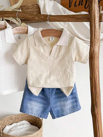 SHEIN Vintaside Kids طقم ملابس علوية كم قصير مطبوع بطبعة البيزلي مع شورت جينز مغسول أنيق، مجموعة ملابس صيفية كاجوال متعددة الاستخدامات مناسبة للارتداء اليومي، التخييم العائلي، الطعام أو التسوق