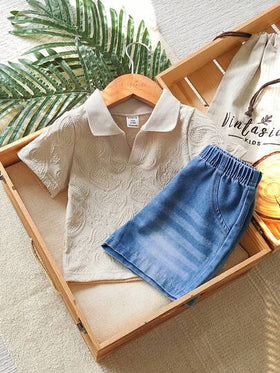SHEIN Vintaside Kids طقم ملابس علوية كم قصير مطبوع بطبعة البيزلي مع شورت جينز مغسول أنيق، مجموعة ملابس صيفية كاجوال متعددة الاستخدامات مناسبة للارتداء اليومي، التخييم العائلي، الطعام أو التسوق