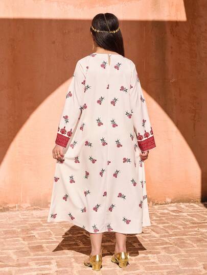 SHEIN رمضان فستان فضفاض بأكمام طويلة وياقة على شكل حرف V مع طباعة زهرية للفتيات المراهقات