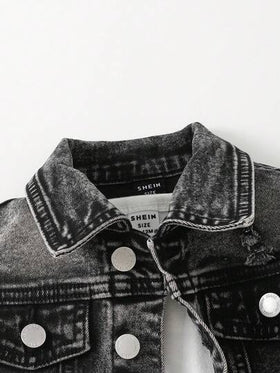 SHEIN TaviRue مجموعة جاكيت جينز سوداء ممزقة وبنطلون ضيق مرن للأطفال الرضع/الصغار، قطعتان