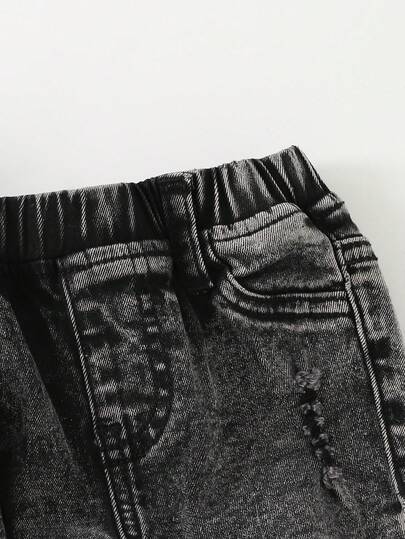 SHEIN TaviRue مجموعة جاكيت جينز سوداء ممزقة وبنطلون ضيق مرن للأطفال الرضع/الصغار، قطعتان