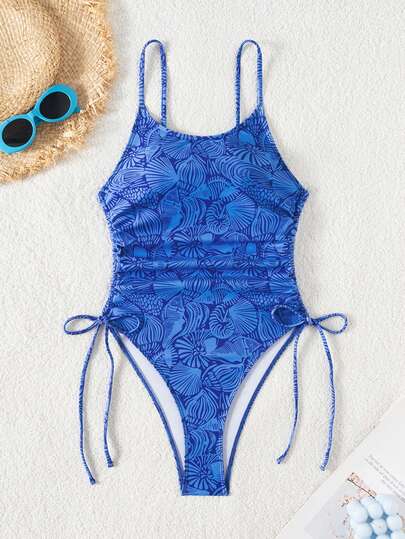 Swim Mod بدلة سباحة نسائية ذات حمالات رفيعة وظهر مكشوف مع رسومات زهرية وخصر قابل للسحب، مناسبة للصيف والعطلات الشاطئية، قصة ضيقة