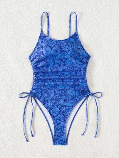 Swim Mod بدلة سباحة نسائية ذات حمالات رفيعة وظهر مكشوف مع رسومات زهرية وخصر قابل للسحب، مناسبة للصيف والعطلات الشاطئية، قصة ضيقة