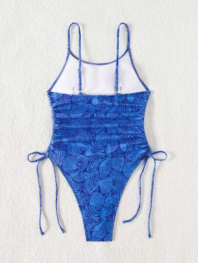 Swim Mod بدلة سباحة نسائية ذات حمالات رفيعة وظهر مكشوف مع رسومات زهرية وخصر قابل للسحب، مناسبة للصيف والعطلات الشاطئية، قصة ضيقة
