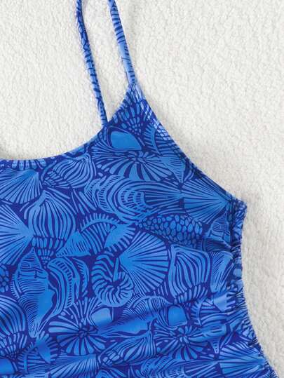 Swim Mod بدلة سباحة نسائية ذات حمالات رفيعة وظهر مكشوف مع رسومات زهرية وخصر قابل للسحب، مناسبة للصيف والعطلات الشاطئية، قصة ضيقة
