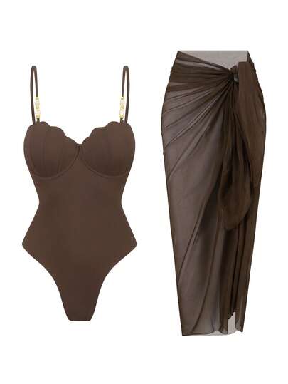 Swim Oasis بدلة سباحة قطعة واحدة كاجوال للنساء للعطلات والشاطئ من قماش خاص بحمالات رفيعة، بدلة سباحة قطعتين بني، طقم بدلة سباحة قطعتين تنورة بني للنساء
