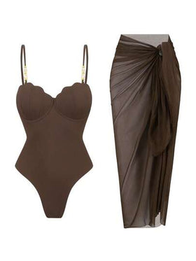 Swim Oasis بدلة سباحة قطعة واحدة كاجوال للنساء للعطلات والشاطئ من قماش خاص بحمالات رفيعة، بدلة سباحة قطعتين بني، طقم بدلة سباحة قطعتين تنورة بني للنساء