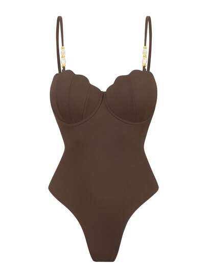 Swim Oasis بدلة سباحة قطعة واحدة كاجوال للنساء للعطلات والشاطئ من قماش خاص بحمالات رفيعة، بدلة سباحة قطعتين بني، طقم بدلة سباحة قطعتين تنورة بني للنساء