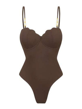 Swim Oasis بدلة سباحة قطعة واحدة كاجوال للنساء للعطلات والشاطئ من قماش خاص بحمالات رفيعة، بدلة سباحة قطعتين بني، طقم بدلة سباحة قطعتين تنورة بني للنساء