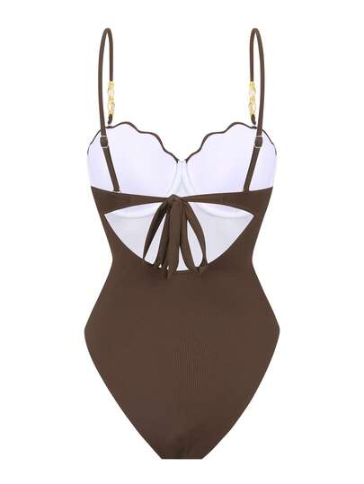 Swim Oasis بدلة سباحة قطعة واحدة كاجوال للنساء للعطلات والشاطئ من قماش خاص بحمالات رفيعة، بدلة سباحة قطعتين بني، طقم بدلة سباحة قطعتين تنورة بني للنساء