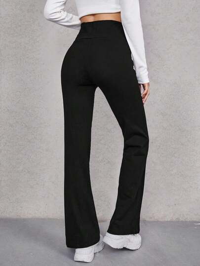 SHEIN EZwear بنطلون نسائي أسود مريح متعدد الاستخدامات مزخرف بشعار مطرز، مبطن بالحرارة، مناسب للخريف/الشتاء، أسلوب الشارع، الخروجات، الرياضة، أنيق، متناسق
