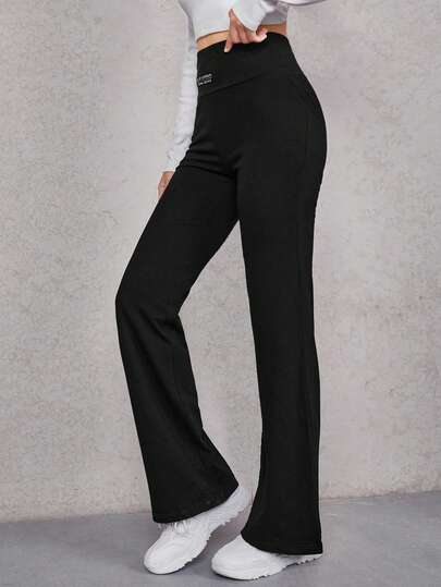 SHEIN EZwear بنطلون نسائي أسود مريح متعدد الاستخدامات مزخرف بشعار مطرز، مبطن بالحرارة، مناسب للخريف/الشتاء، أسلوب الشارع، الخروجات، الرياضة، أنيق، متناسق