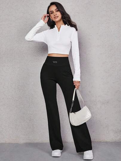 SHEIN EZwear بنطلون نسائي أسود مريح متعدد الاستخدامات مزخرف بشعار مطرز، مبطن بالحرارة، مناسب للخريف/الشتاء، أسلوب الشارع، الخروجات، الرياضة، أنيق، متناسق