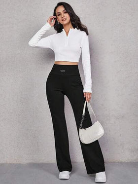 SHEIN EZwear بنطلون نسائي أسود مريح متعدد الاستخدامات مزخرف بشعار مطرز، مبطن بالحرارة، مناسب للخريف/الشتاء، أسلوب الشارع، الخروجات، الرياضة، أنيق، متناسق