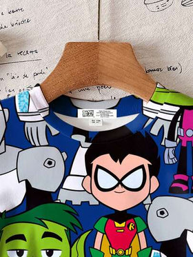 Teen Titans Go X SHEIN تي شيرت كم قصير بطباعة الرسوم المتحركة للأولاد الصغار