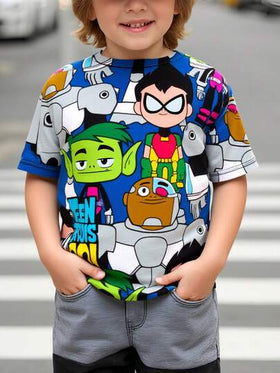 Teen Titans Go X SHEIN تي شيرت كم قصير بطباعة الرسوم المتحركة للأولاد الصغار