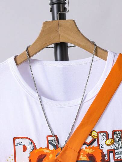 SHEIN Streecool Kids 3 قطع/مجموعة قميص كارجو مع طباعة دب جميلة، وشورت جيب كارجو وحقيبة عبر الجسم للأطفال الكبار للربيع والصيف