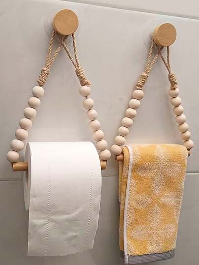 حامل منشفة خشبي مع خشبي مزين بالخرز، حامل ورق التواليت، رف تخزين، ديكور ريفي، حامل منشفة خشبي بطراز إسكندنافي، تركيب لاصق، حامل ورق التواليت، اكسسوارات حمام
