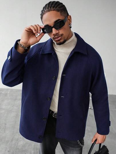 Manfinity Homme معطف كاجوال من خليط الصوف أحادي الصدر بأكمام راجلان ذو لون سادة، خريف/شتاء