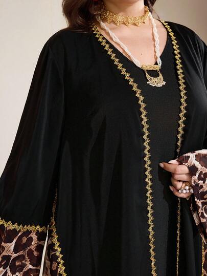 Al Najma عباية فضفاضة بأكمام طويلة مطبوعة بنمط الفهد وقطع ملونة للمرأة ذات المقاسات الكبيرة