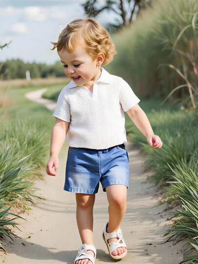 SHEIN Vintaside Kids طقم للأطفال الصبيان للصيف، ملابس علوية كاجوال بأكمام قصيرة وياقة مبسطة مع شورت جينز مغسول عصري، مناسب للارتداء اليومي، التخييم العائلي، الطعام أو التسوق