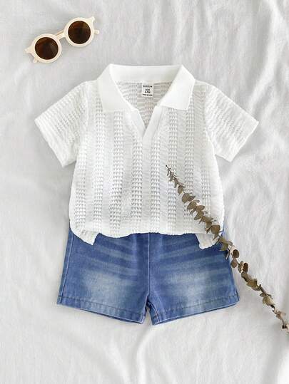 SHEIN Vintaside Kids طقم للأطفال الصبيان للصيف، ملابس علوية كاجوال بأكمام قصيرة وياقة مبسطة مع شورت جينز مغسول عصري، مناسب للارتداء اليومي، التخييم العائلي، الطعام أو التسوق