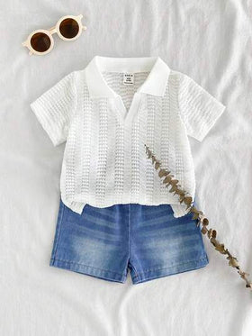 SHEIN Vintaside Kids طقم للأطفال الصبيان للصيف، ملابس علوية كاجوال بأكمام قصيرة وياقة مبسطة مع شورت جينز مغسول عصري، مناسب للارتداء اليومي، التخييم العائلي، الطعام أو التسوق