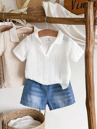 SHEIN Vintaside Kids طقم للأطفال الصبيان للصيف، ملابس علوية كاجوال بأكمام قصيرة وياقة مبسطة مع شورت جينز مغسول عصري، مناسب للارتداء اليومي، التخييم العائلي، الطعام أو التسوق