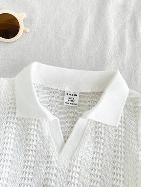 SHEIN Vintaside Kids طقم للأطفال الصبيان للصيف، ملابس علوية كاجوال بأكمام قصيرة وياقة مبسطة مع شورت جينز مغسول عصري، مناسب للارتداء اليومي، التخييم العائلي، الطعام أو التسوق