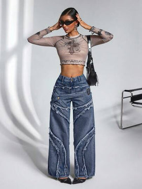 SHEIN PETITE سروال جينز واسع الساق مع حزام خصر مزين بأزرار وشراريب، مناسب للارتداء اليومي والتنقل