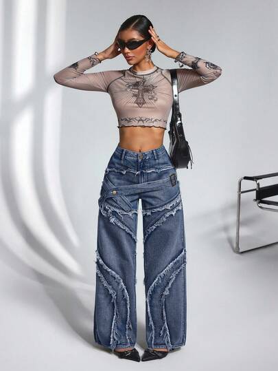 SHEIN PETITE سروال جينز واسع الساق مع حزام خصر مزين بأزرار وشراريب، مناسب للارتداء اليومي والتنقل