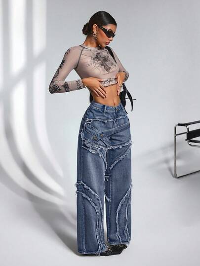 SHEIN PETITE سروال جينز واسع الساق مع حزام خصر مزين بأزرار وشراريب، مناسب للارتداء اليومي والتنقل