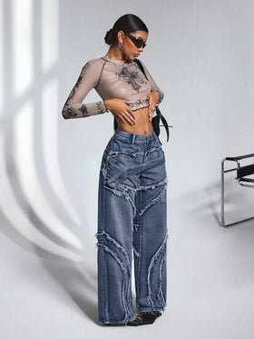 SHEIN PETITE سروال جينز واسع الساق مع حزام خصر مزين بأزرار وشراريب، مناسب للارتداء اليومي والتنقل