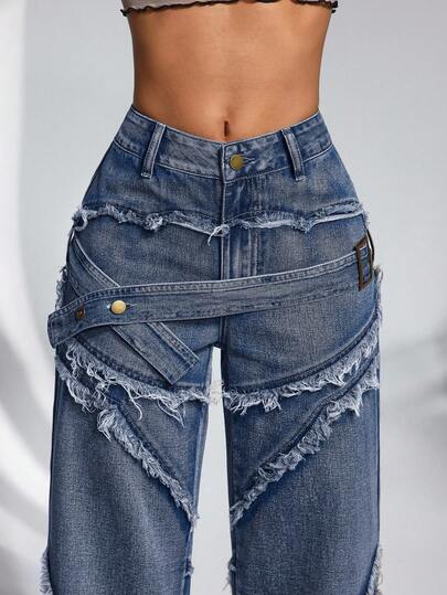 SHEIN PETITE سروال جينز واسع الساق مع حزام خصر مزين بأزرار وشراريب، مناسب للارتداء اليومي والتنقل