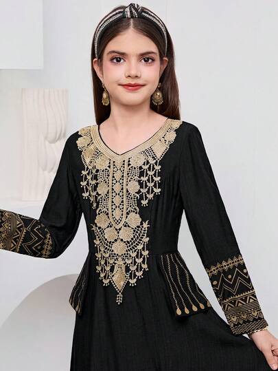 SHEIN فستان طويل الأكمام بخصر مناسب، موحد اللون مع تطريز ذهبي للفتيات المراهقات، مناسب للسفر والعطلات والريف والمنتجعات الكاجوال والبوهيمي، متناسق مع الأم والابنة