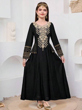SHEIN فستان طويل الأكمام بخصر مناسب، موحد اللون مع تطريز ذهبي للفتيات المراهقات، مناسب للسفر والعطلات والريف والمنتجعات الكاجوال والبوهيمي، متناسق مع الأم والابنة