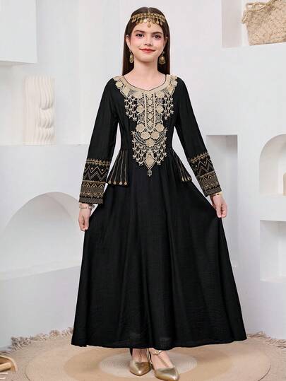 SHEIN فستان طويل الأكمام بخصر مناسب، موحد اللون مع تطريز ذهبي للفتيات المراهقات، مناسب للسفر والعطلات والريف والمنتجعات الكاجوال والبوهيمي، متناسق مع الأم والابنة