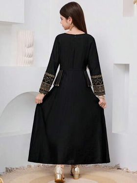 SHEIN فستان طويل الأكمام بخصر مناسب، موحد اللون مع تطريز ذهبي للفتيات المراهقات، مناسب للسفر والعطلات والريف والمنتجعات الكاجوال والبوهيمي، متناسق مع الأم والابنة