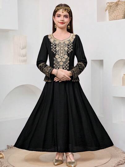 SHEIN فستان طويل الأكمام بخصر مناسب، موحد اللون مع تطريز ذهبي للفتيات المراهقات، مناسب للسفر والعطلات والريف والمنتجعات الكاجوال والبوهيمي، متناسق مع الأم والابنة